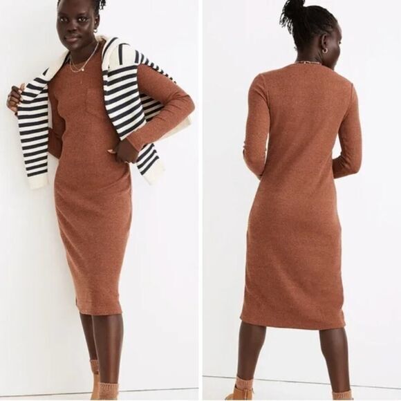 New Madewell Long-Sleeve Pocket‎ Tee Dress in brown, size XL - Picture 1 of 16